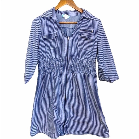 G Lee Striped Chambray Denim Smocked Roll Tab Zip Tunic Shirt Dress - Picture 1 of 7